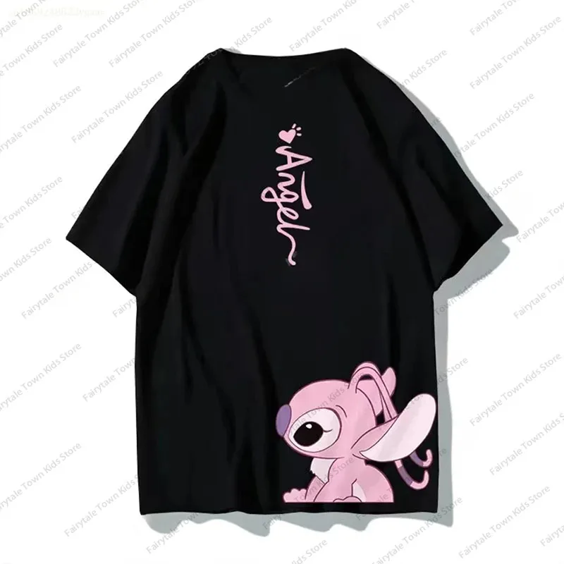 MINISO Family Outfits Summer Disney Stitch Angel Couple Cotton T Shirt Men Women Short Sleeve Kids/Adult Tees Children Clothes