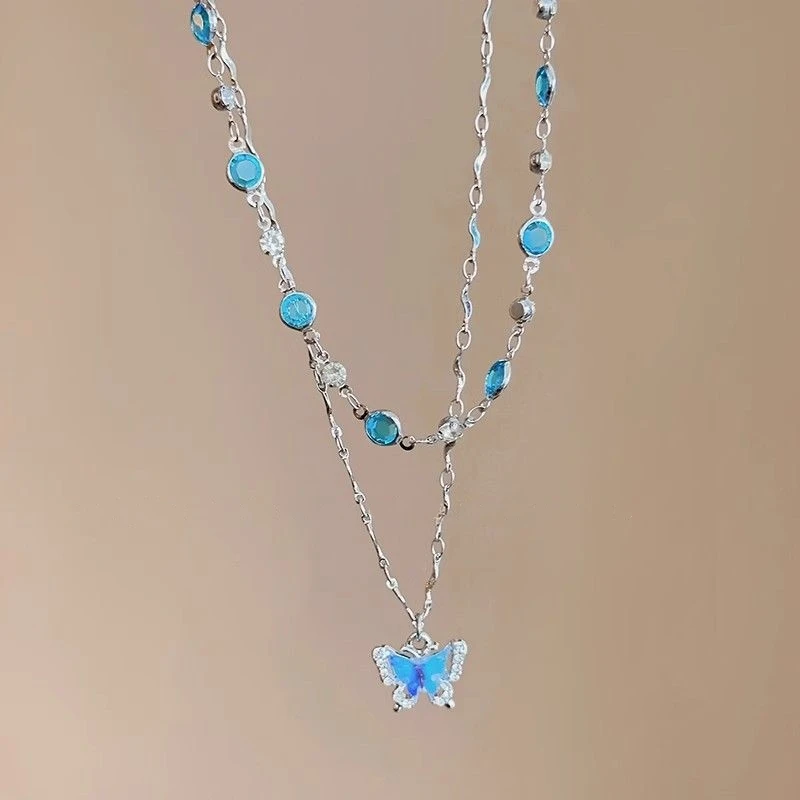 LATS Romantic Blue Crystal Butterfly Necklace for Women Girls Simple Shiny Zircon Bilayer Choker Clavicle Chain New Fine Jewelry