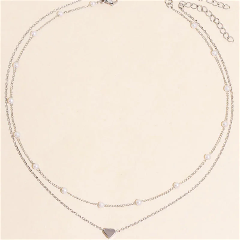 LATS Simple Pearl Choker Necklaces for Women Fashion Double Layer Chain Small Love Heart Pendant Necklace Jewelry Gift Wholesale