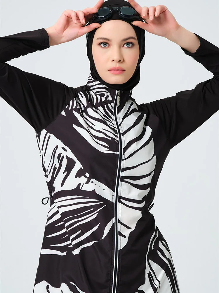 3PCS/Set Waterproof Burkini Swimsuit Modest Swimwear Islamic ​Bathing Suit, Tropical Plant Print , Quick Drying, UPF50+