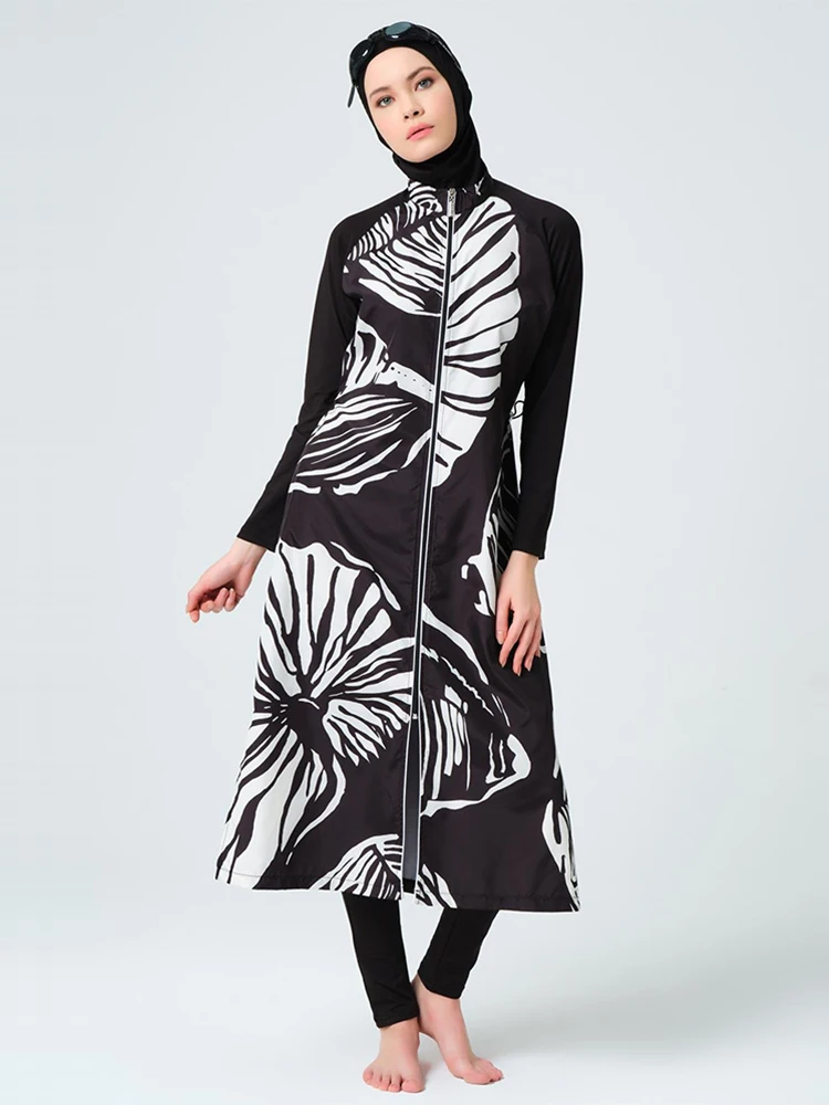3PCS/Set Waterproof Burkini Swimsuit Modest Swimwear Islamic ​Bathing Suit, Tropical Plant Print , Quick Drying, UPF50+
