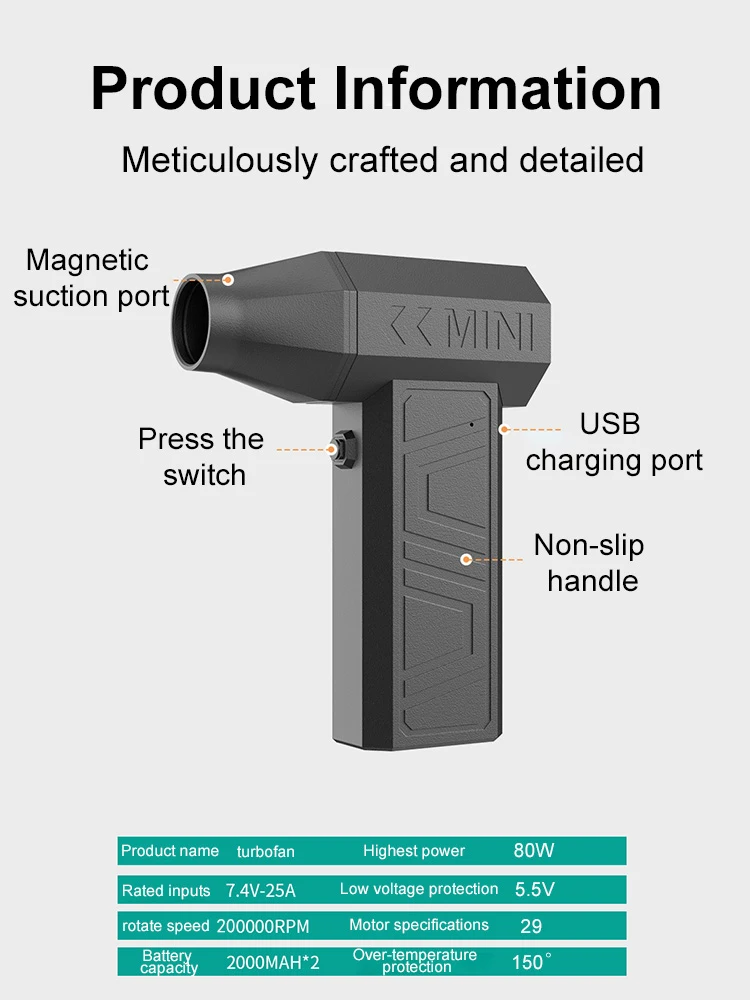 Violent Fan 200000RPM Powerful Air Blower Vacuum Dust Cleaner Type-C Charging Strong Winds 52m/s Brushless Turbo Jet Blower