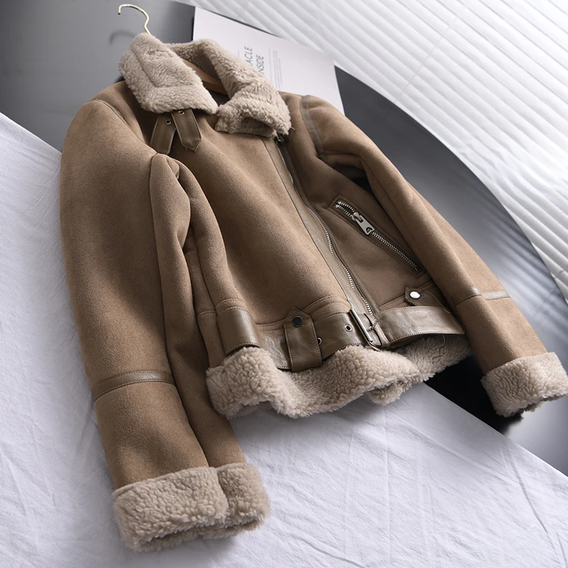 Ailegogo Winter Women Thick Warm Suede Lamb Jacket Short Motorcycle Brown Coats Faux Shearling Sheepskin Leather Jackets Outwear