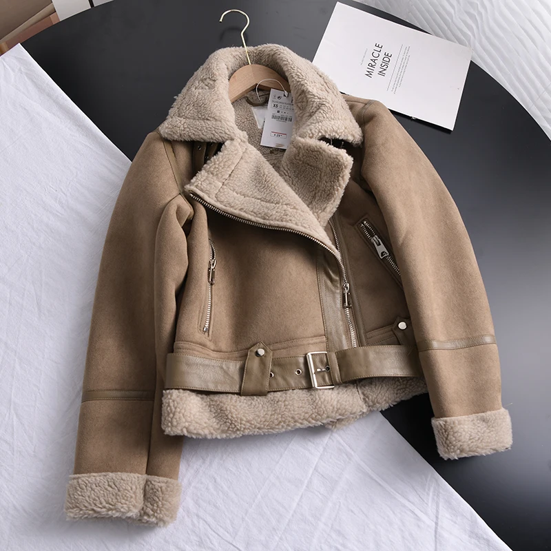 Ailegogo Winter Women Thick Warm Suede Lamb Jacket Short Motorcycle Brown Coats Faux Shearling Sheepskin Leather Jackets Outwear