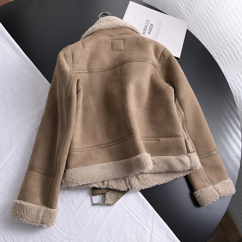 Ailegogo Winter Women Thick Warm Suede Lamb Jacket Short Motorcycle Brown Coats Faux Shearling Sheepskin Leather Jackets Outwear
