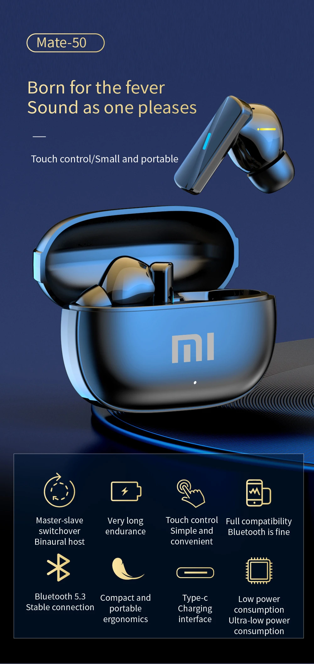 Original XIAOMI Mate50 Wireless Bluetooth Earphones TWS Gaming Noise Reduction Microphone Sports Life Waterproof Touch Earp