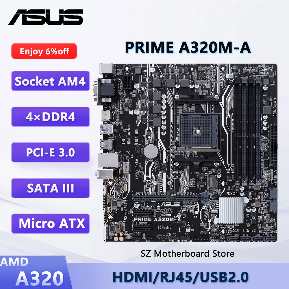 ASUS PRIME A320M-A  AMD A320 AM4 Motherboard For Ryzen 5/3/7 5600G 3600 5700G CPU DDR4 USB2.0 HDMI M.2 Micro ATX Mainboard