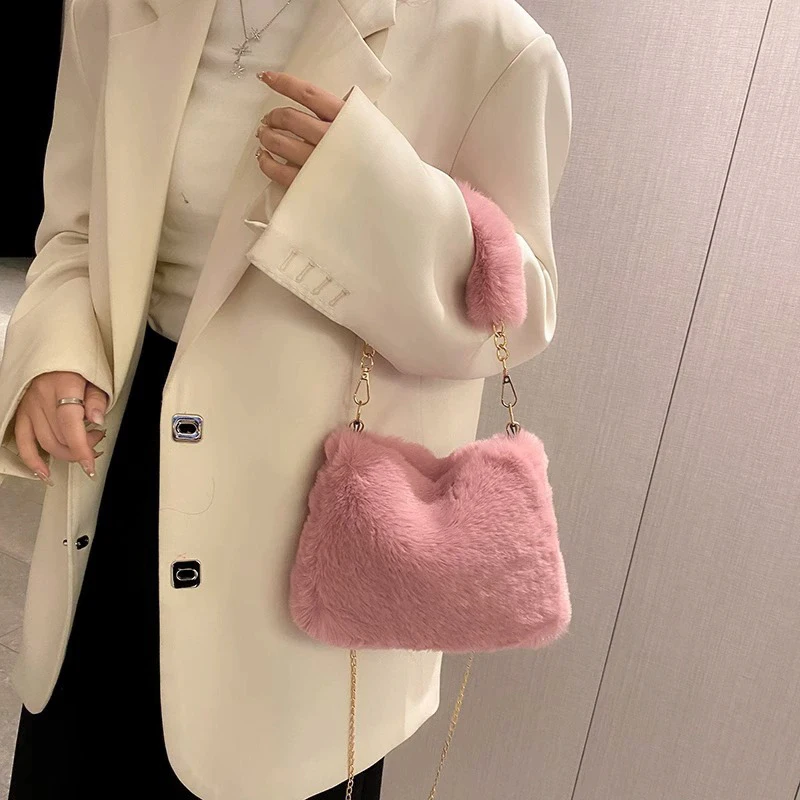 Plush Faux Fur Tote Bag for Women Winter Shoulder Bag Casual Fluffy Crossbody Bags Fashion Chain Handbag Girls Soft Purse