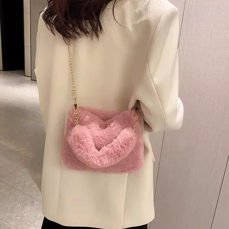 Plush Faux Fur Tote Bag for Women Winter Shoulder Bag Casual Fluffy Crossbody Bags Fashion Chain Handbag Girls Soft Purse
