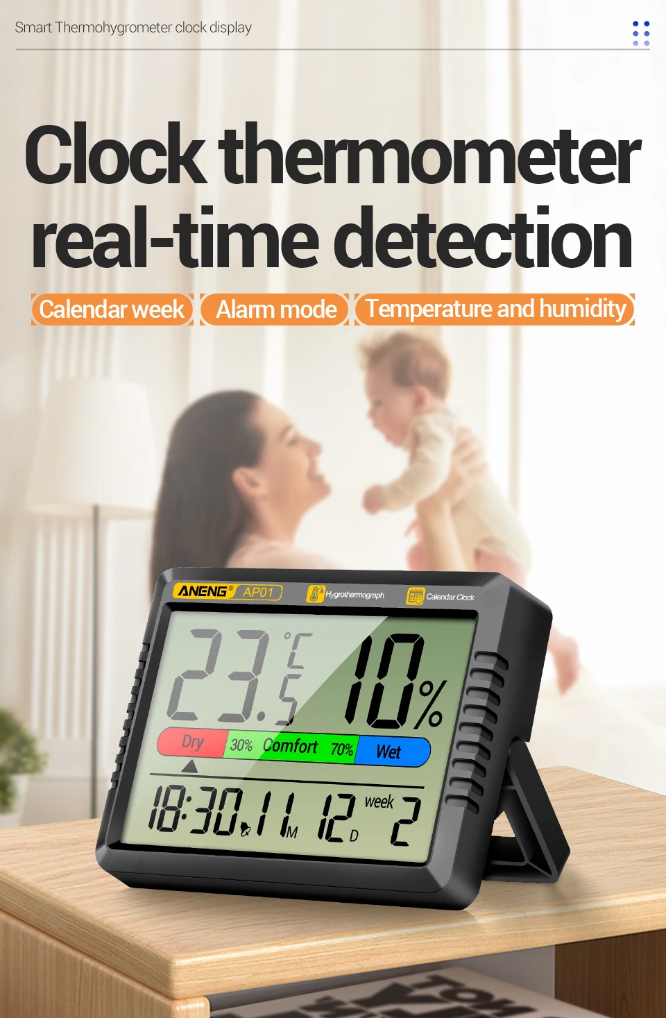 ANENG AP01 LCD Digital Thermometer Hygrometer Indoor Room Temperature Humidity Meter  Alarm Clock Weather Station For Home