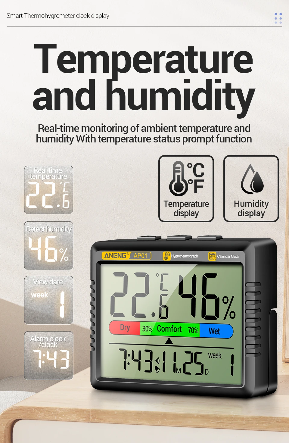 ANENG AP01 LCD Digital Thermometer Hygrometer Indoor Room Temperature Humidity Meter  Alarm Clock Weather Station For Home