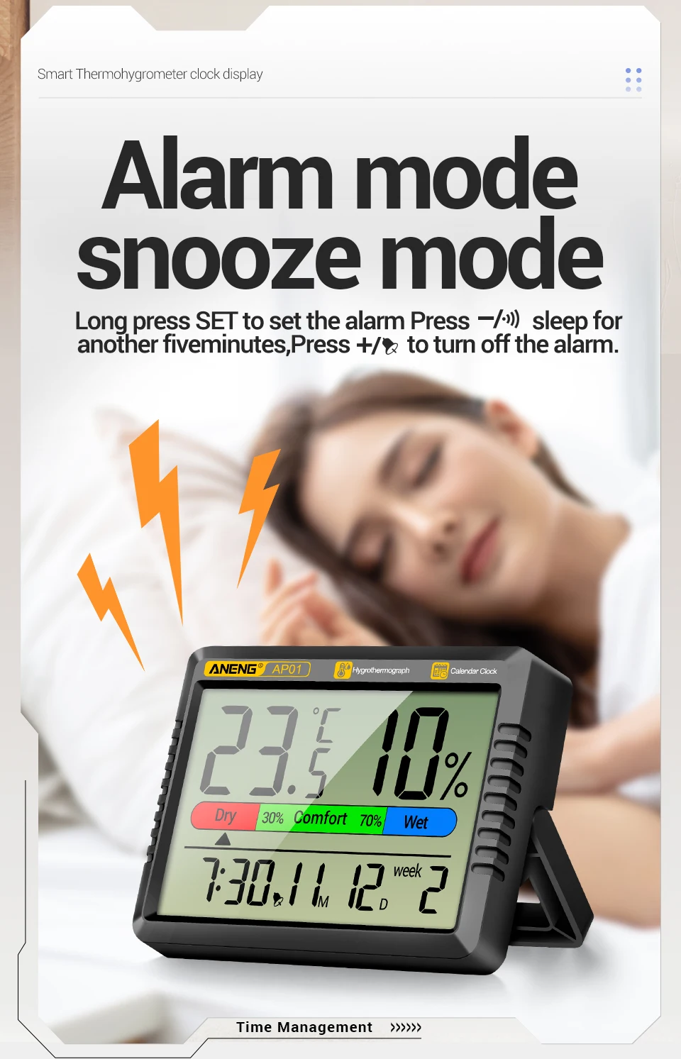 ANENG AP01 LCD Digital Thermometer Hygrometer Indoor Room Temperature Humidity Meter  Alarm Clock Weather Station For Home