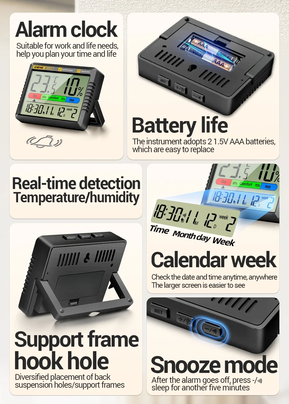 ANENG AP01 LCD Digital Thermometer Hygrometer Indoor Room Temperature Humidity Meter  Alarm Clock Weather Station For Home