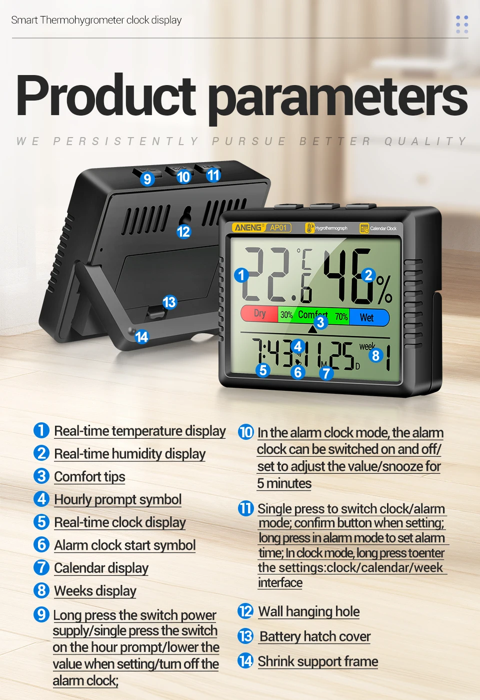 ANENG AP01 LCD Digital Thermometer Hygrometer Indoor Room Temperature Humidity Meter  Alarm Clock Weather Station For Home