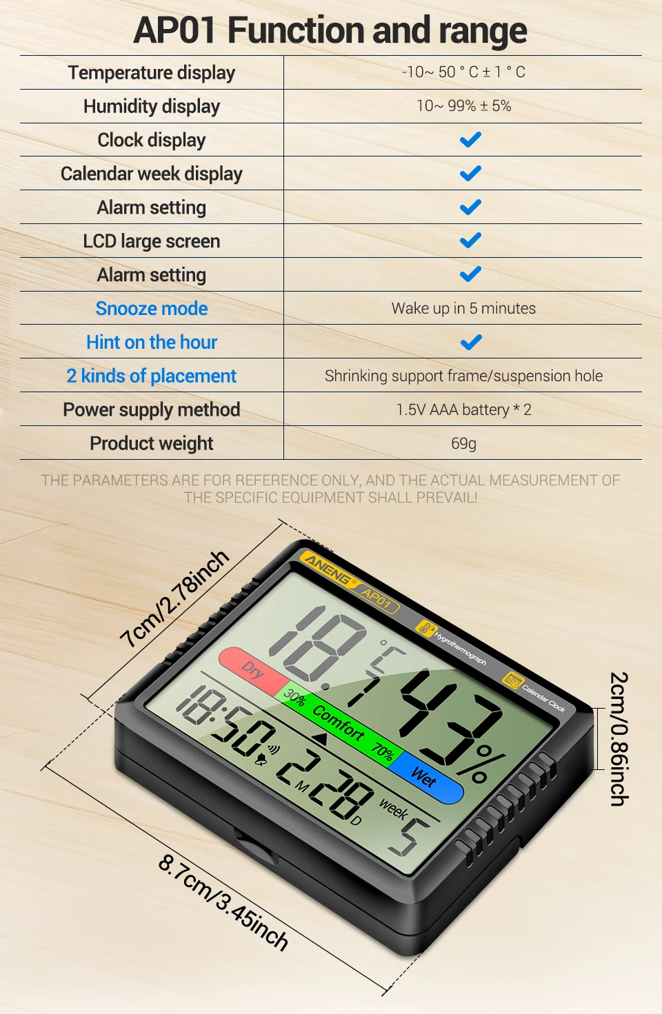 ANENG AP01 LCD Digital Thermometer Hygrometer Indoor Room Temperature Humidity Meter  Alarm Clock Weather Station For Home