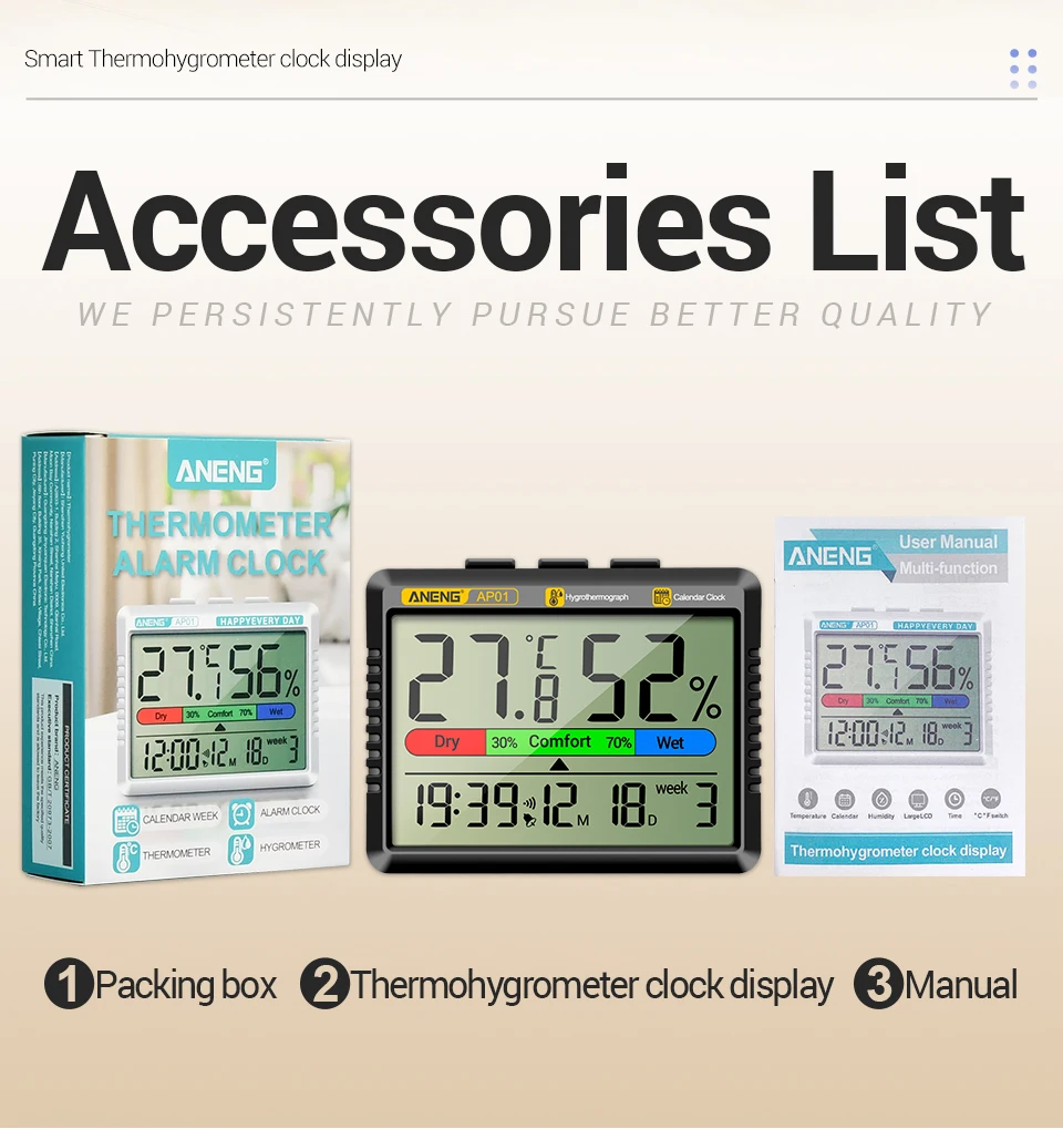 ANENG AP01 LCD Digital Thermometer Hygrometer Indoor Room Temperature Humidity Meter  Alarm Clock Weather Station For Home