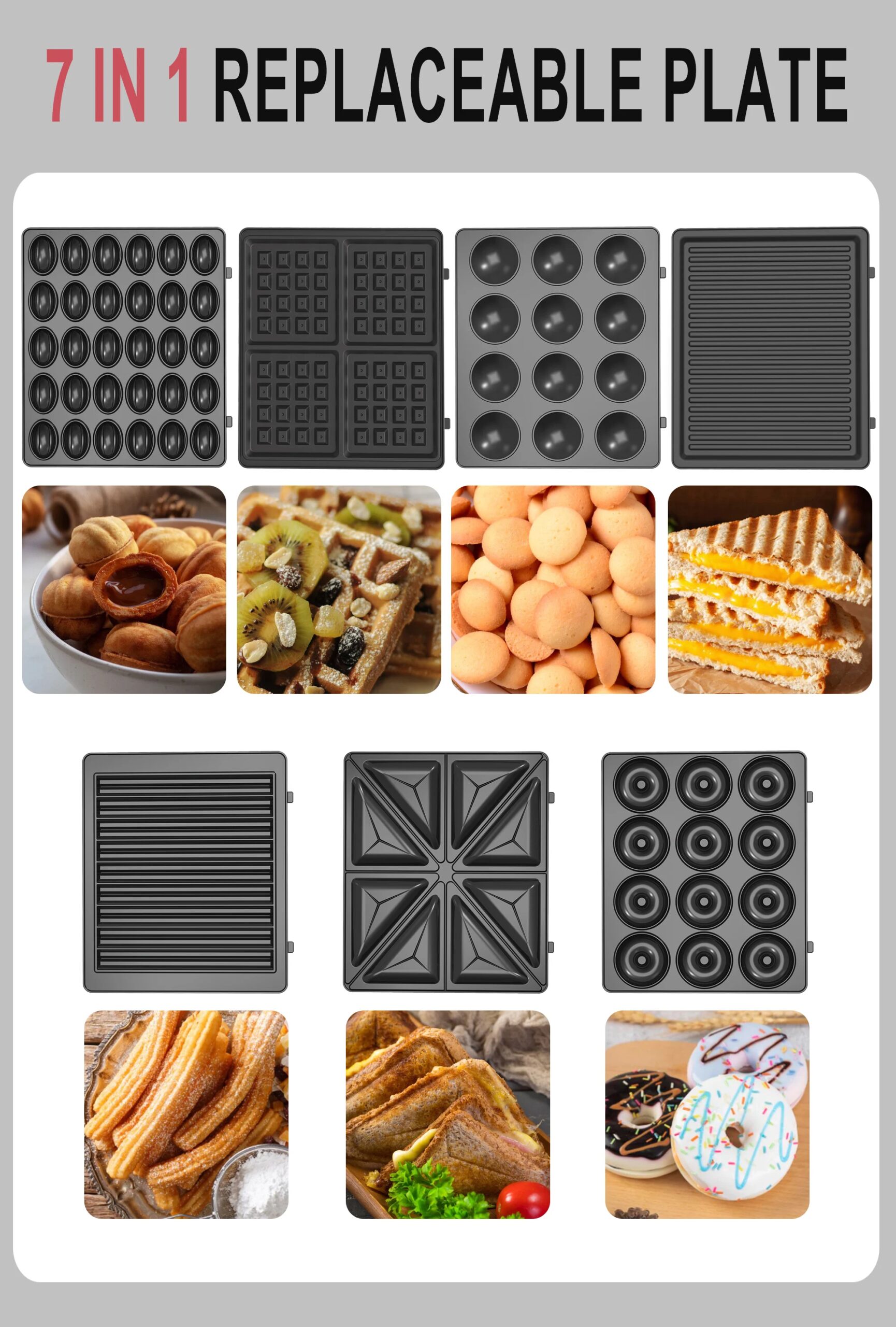 7 In 1 Waffles Maker Electric Sandwiches Machine Cooking Appliances Bread Machine Cake Breakfast Waffle Pot Baking Pan Sonifer