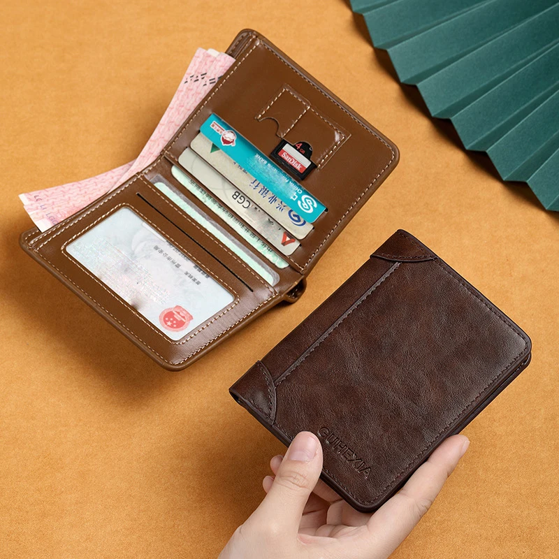 PU Leather RFID Wallet Men Slim Vertical Wallets Black Thin Short ID Credit Card Holder Minimalist Men's Brown Money Bag